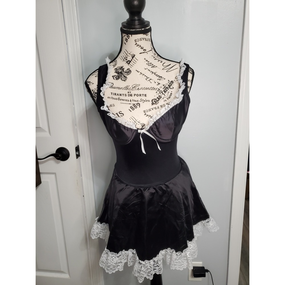 Fredericks of Hollywood French Maid Costume Set Black Lace Satin Style 8959 S